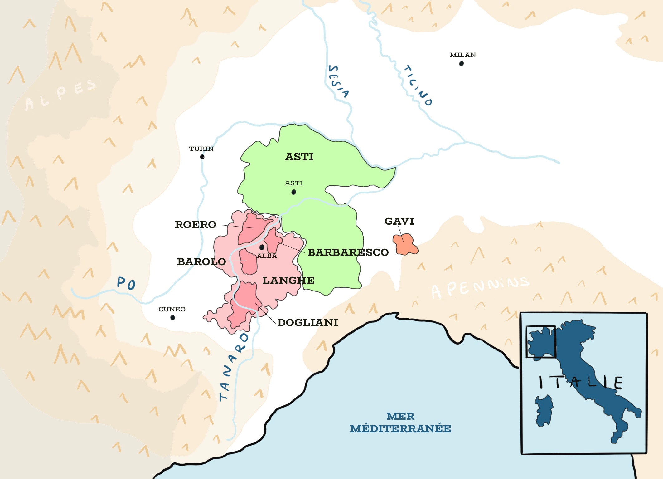 Carte des différentes appellations de la région du Piémont