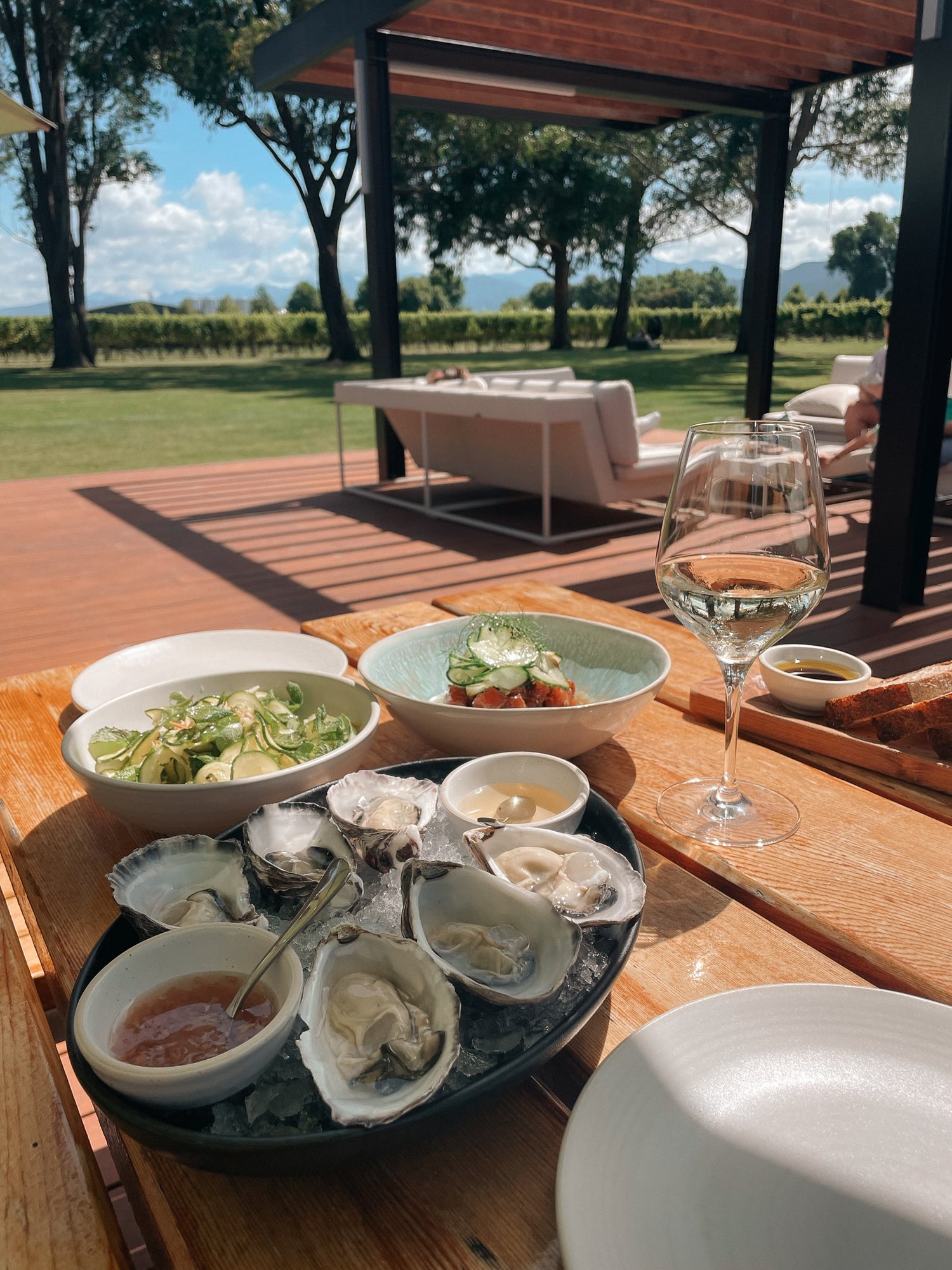 Plat d'huitres et de salades avec un verre de vin blanc en Nouvelle-Zélande
