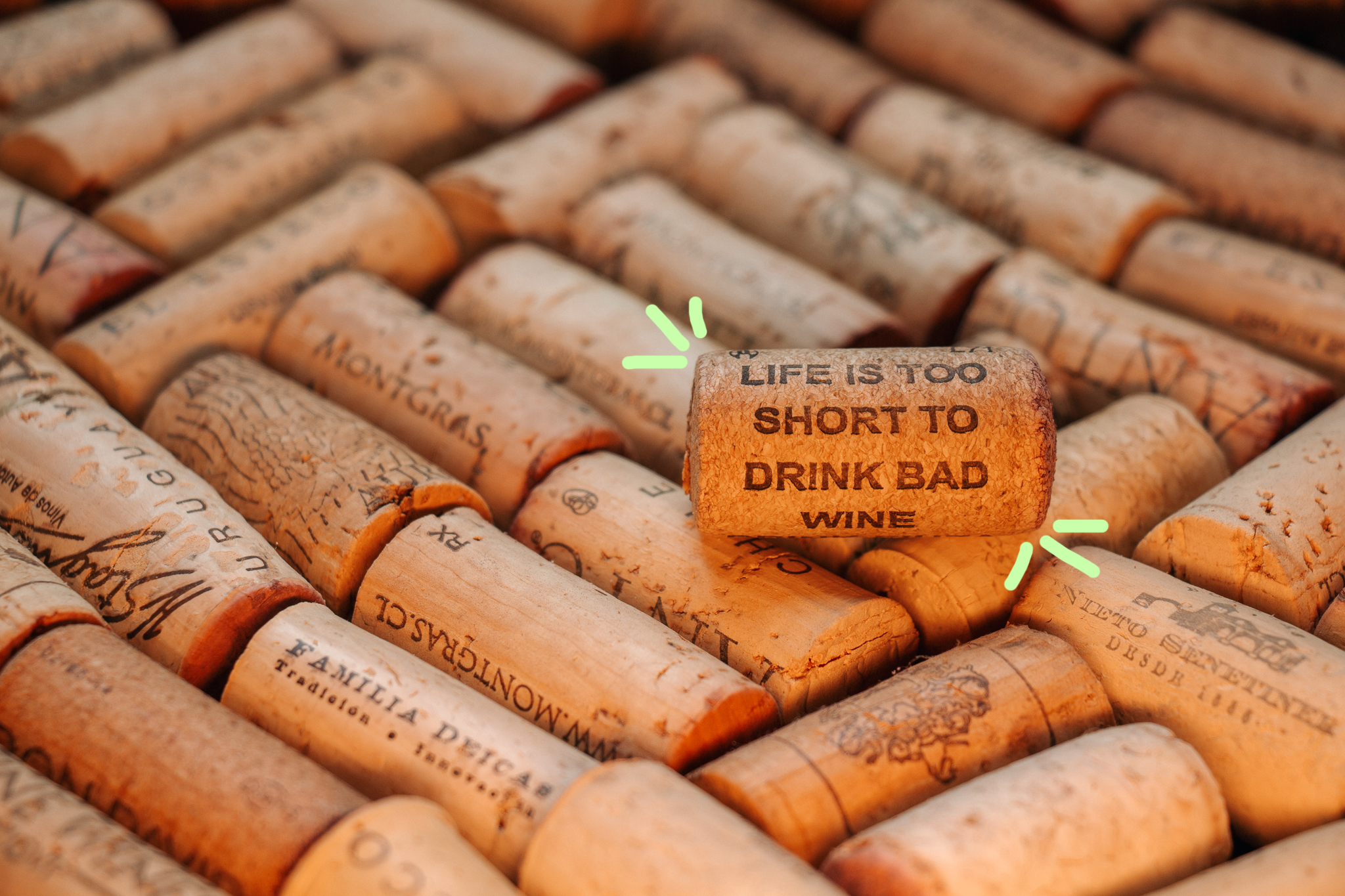 Un bouchon de liège sur lequel il est écrit 'life is too short to drink bad wine'  - Crédit Photo : David Sonluna